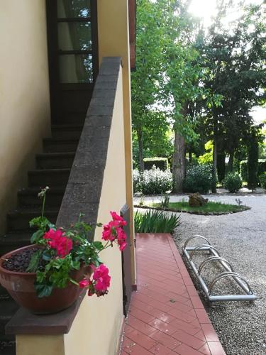 a porch with a pot of flowers on the side of a house at Casale la Crocetta in Rosignano Solvay