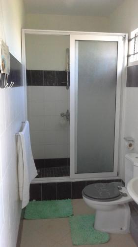 a bathroom with a shower with a toilet and a sink at Villa FRANCOISE in Pereybere