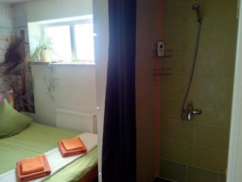 łazienka z prysznicem oraz łóżko z ręcznikami w obiekcie ElitasBB w mieście Carnikava