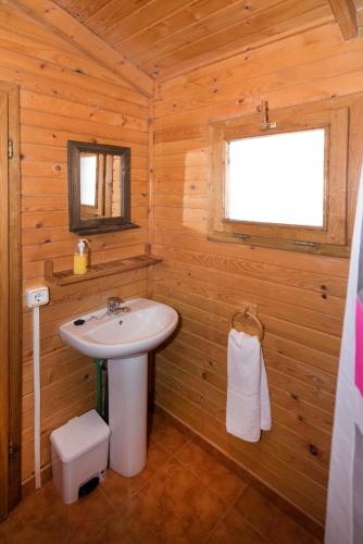 a bathroom with a sink and a window in a log cabin at Cabañas Vallecino in Manzanal de los Infantes