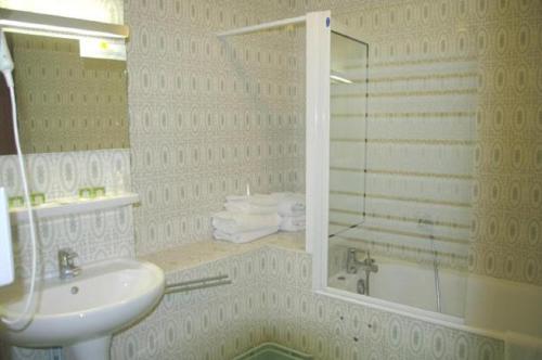 a bathroom with a sink and a glass shower at Hôtel Saint-Hubert in Saint-Claude