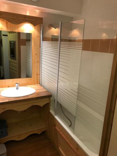La salle de bains est pourvue d'un lavabo et d'une douche avec un miroir. dans l'établissement Appartement 2 pieces Orelle les trois Vallées 6 personnes, à Orelle