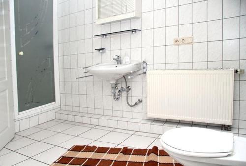a white bathroom with a sink and a toilet at Appartements & Ferienwohnungen Wolf in Usingen
