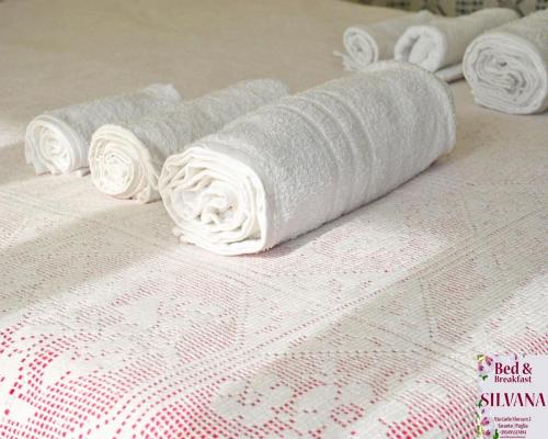 grupa składanych ręczników na łóżku w obiekcie Bed and Breakfast Silvana w mieście Tarent