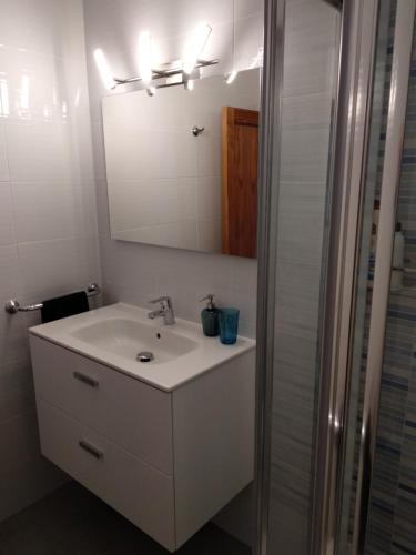 y baño con lavabo, espejo y ducha. en Apartamento Malvasía Vv, en Arrecife
