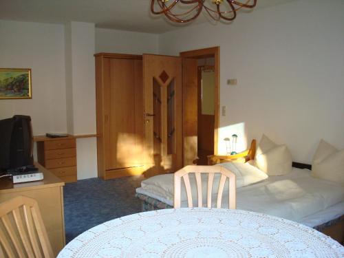 a room with a bedroom with a bed and a tv at Steglacher Hof in Mayrhofen