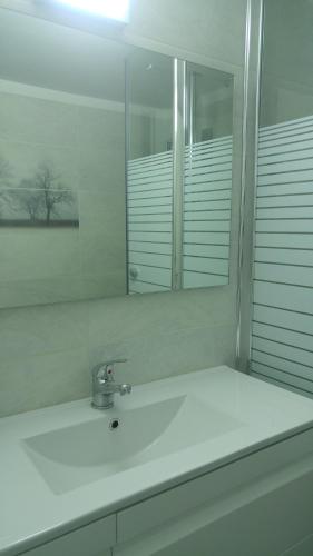 een badkamer met een wastafel en een spiegel bij Sabba's apartment in Kafr Sābā