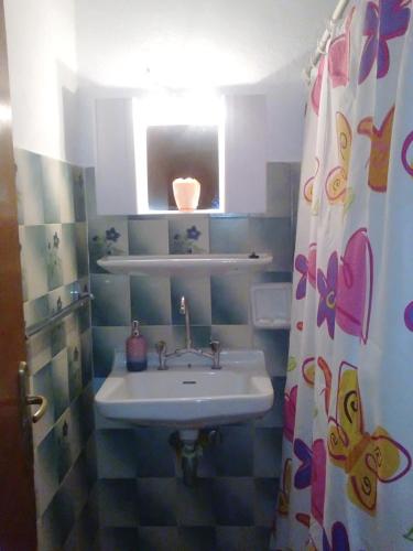 a bathroom with a sink and a shower curtain at Xenia in Vaia