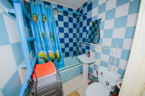 ヤロスラヴリにあるАпартаменты на улице Чкалова,82аの青と白のバスルーム(トイレ、シンク付)
