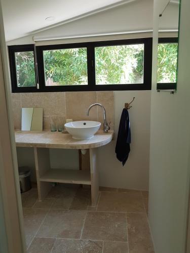 a bathroom with a sink and two windows at Maison d'Hôtes Le Calme in Saint-Tropez