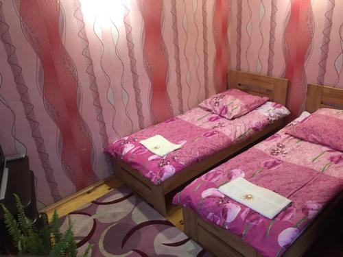 ムカチェヴォにあるкімнати біля замкуのピンクの壁の客室で、ツインベッド2台が備わります。