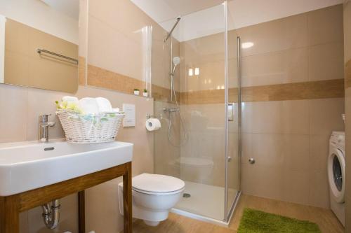 een badkamer met een douche, een toilet en een wastafel bij Apartment Navis in Dubrovnik