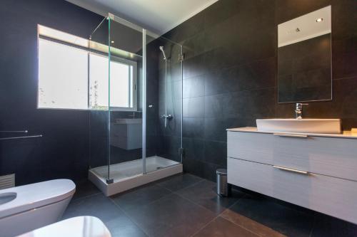 een badkamer met een toilet, een wastafel en een douche bij Premium apart - Praia do Furadouro in Ovar