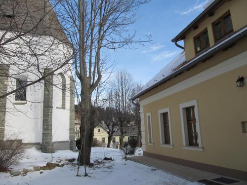 a snow covered yard next to a building with a tree at Villa Luef in Mönichkirchen