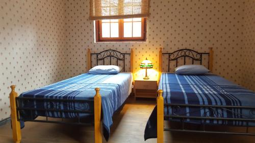 two twin beds in a room with a window at Deluxe Apartments in the city center with Balcony in Pärnu
