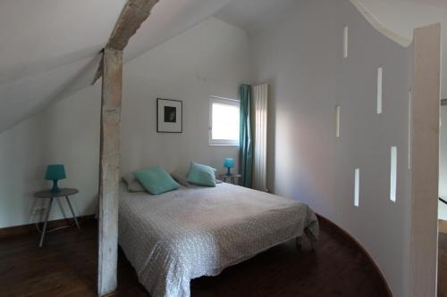 une chambre avec un lit avec des oreillers bleus dans l'établissement Entre douceur et délicatesse, à Colmar