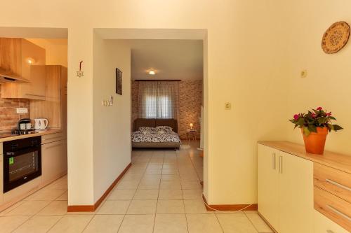 a kitchen and living room with a bed in the distance at Apartments Dora Victoria Dream in Medulin