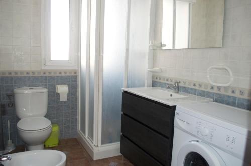 y baño con aseo, lavabo y lavadora. en Hnos Navarrete, en Fuengirola