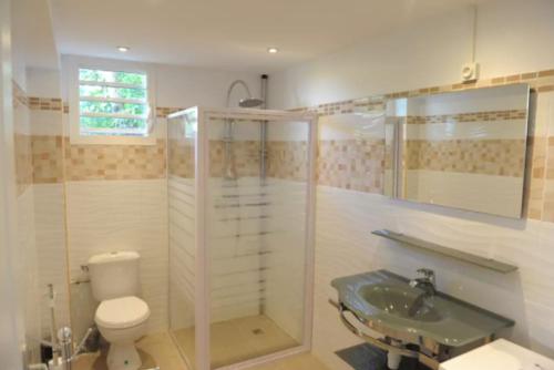 a bathroom with a toilet and a sink at Villa Yona in Sainte-Anne