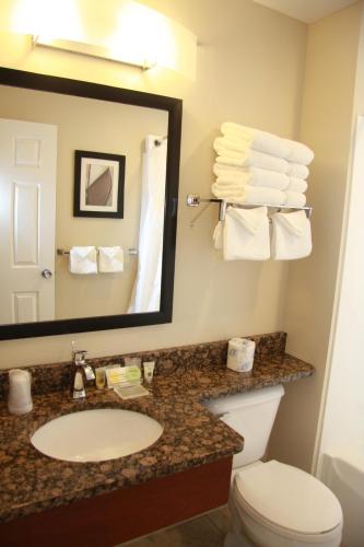a bathroom with a sink and a mirror and a toilet at Budget Host Inn & Suites in Saint Ignace