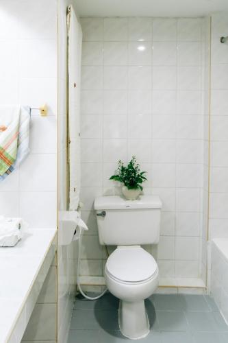 a bathroom with a toilet and a plant on top of it at Sinkiat Thani Hotel in Satun