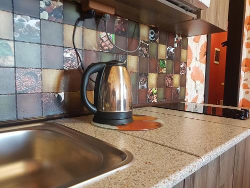 a tea kettle sitting on a counter next to a sink at Апартаменты в Жуковском in Zhukovsky