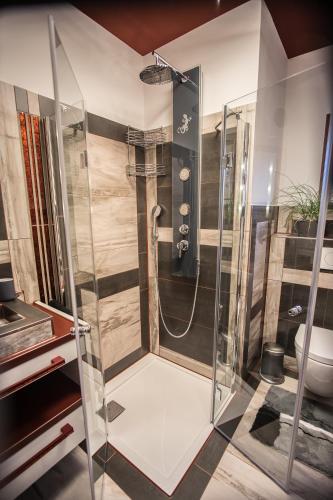 a shower with a glass door in a bathroom at bodensee-fewo Modernes & TOP-ausgestattetes Appartement incl Netflix, Fahrradgarage in Uhldingen-Mühlhofen