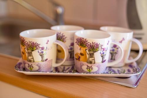 a tray with four coffee cups on a counter at Penzion U Třeboňského kola in Třeboň