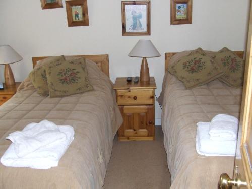 um quarto com 2 camas e uma mesa com um candeeiro em Inglenook em Kinsale