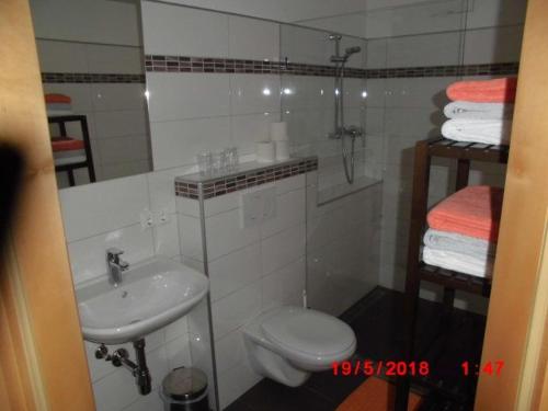 a bathroom with a sink and a toilet and a mirror at Pension & Ferienwohnung Dullnig in Gmünd in Kärnten