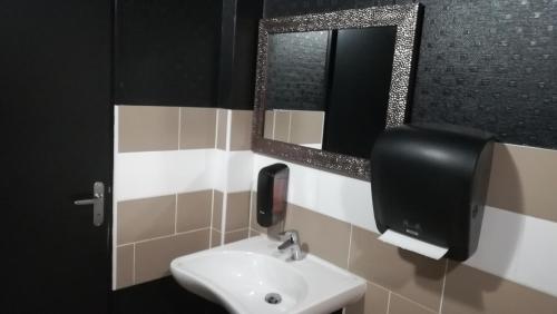 een badkamer met een wastafel en een spiegel bij Le Relax in Aurillac