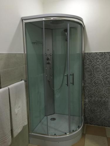 y baño con ducha y puerta de cristal. en Hotel Borbonico di Pietrarsa en Portici