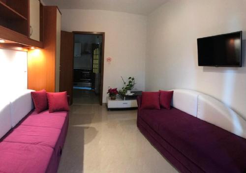 a living room with two purple couches and a flat screen tv at Apartments Silmare in Rabac