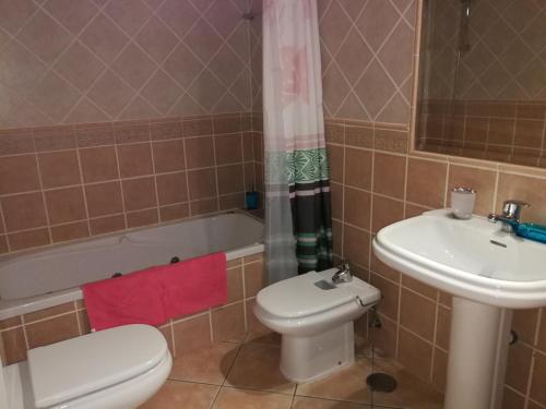 a bathroom with a toilet and a sink and a tub at Jardim Paraiso Apartments in Albufeira