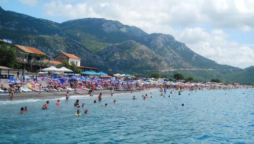 a group of people on a beach in the water at Apartments Tadic in Petrovac na Moru