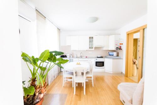 Ormoz的住宿－Apartma，白色的厨房配有白色的桌子和椅子