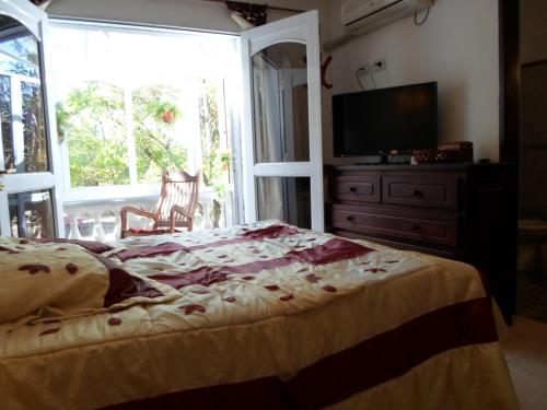 a bedroom with a bed and a tv and a window at La Casona de Susana in Colón