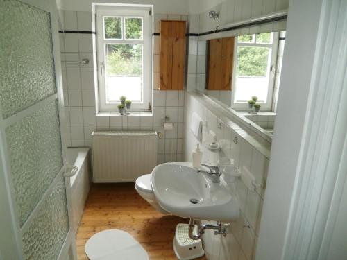 a white bathroom with a sink and a toilet at FeWo Rhoen-Thal in Gersfeld