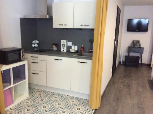 une cuisine avec des armoires blanches et un évier dans l'établissement Villa du jardin des plantes 56 Rue Prémartine, au Mans