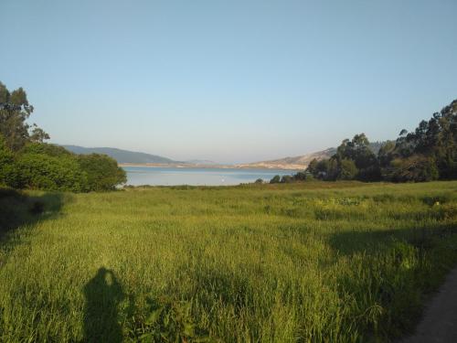 a shadow of a person in a field with a lake at Apartamento Visita Costa da Morte in Neaño