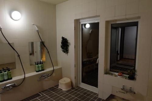 a bathroom with a shower and a toilet in it at Appikogen Pension Mutti in Hachimantai