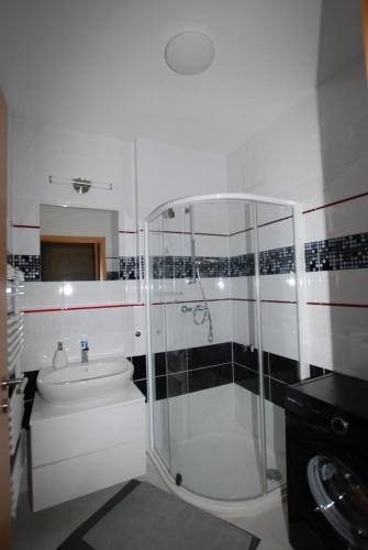 a bathroom with a shower and a toilet and a sink at Silver DeLux Apartman in Balatonfüred