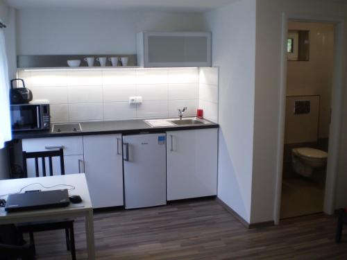 a small kitchen with white cabinets and a sink at Apartment Za Poštou in Bělkovice