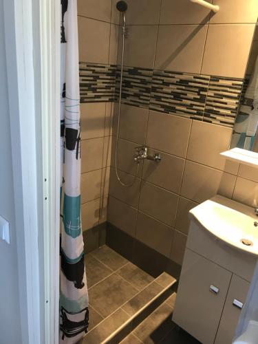 ein Badezimmer mit Dusche und Waschbecken in der Unterkunft Iordanis in Néa Karváli