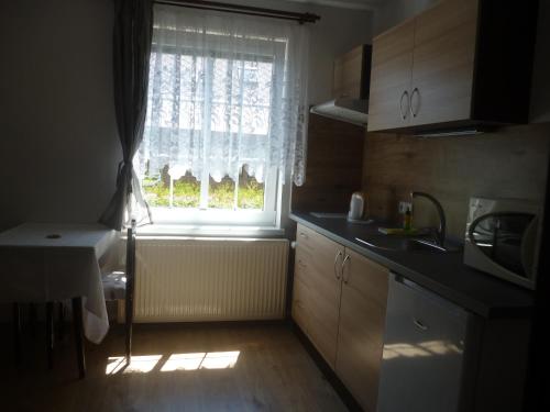 een keuken met een raam met een radiator en een wastafel bij Pension Pugner in Vysoké nad Jizerou