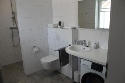 a white bathroom with a toilet and a sink at Haus Kornblume in Oberlangen