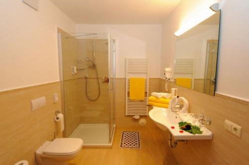 a bathroom with a shower and a sink and a toilet at Hotel Stamserhof in Andrian