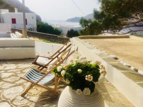 a chair and a vase with flowers on a balcony at House in Kamares - Sifnos in Kamarai