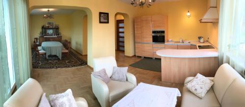 een woonkamer met een bank en een keuken bij Dom w Zielonej Dolinie in Dwikozy