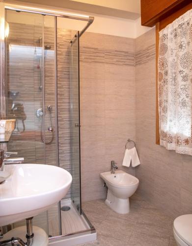 a bathroom with a shower and a sink and a toilet at Hotel Nazionale in Lido di Jesolo
